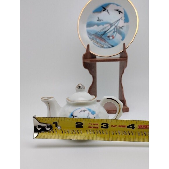 HZ Mini Teapot And Saucer Florida Nautical Stand Stars Gold Gild Japan Vintage - Picture 8 of 10